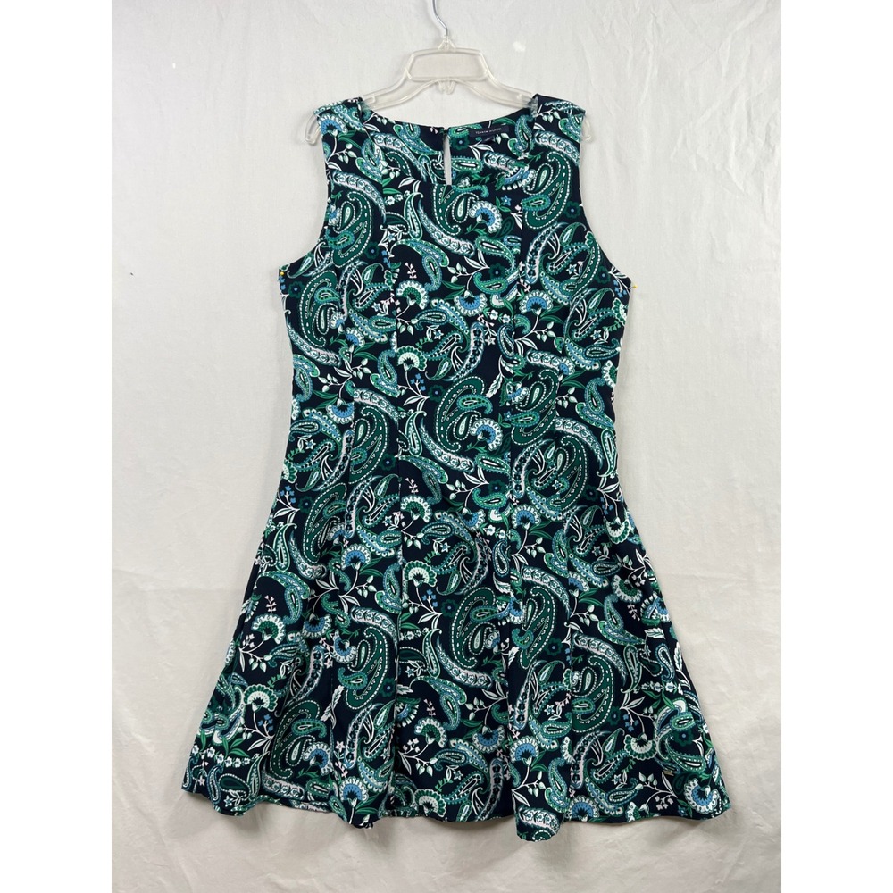 Tommy Hilfiger Fit and Flare Dress Womens 10 Green Paisley Sleeveless Pleated